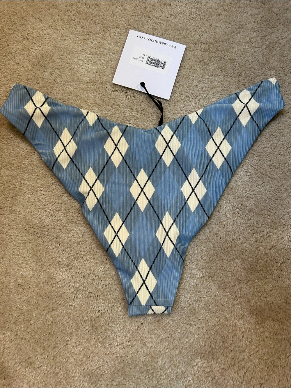 Beach Riot Vanessa Bikini Bottoms Blue Argyle NWT Cheeky High-Cut Swim Sz M